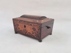 19th century mother-of-pearl inlaid rosewood workbox, sarcophagus-shaped, the raised panel with