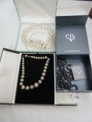 Long string of Claudia Bradbury purple, black and variously coloured pearls, a five-string pearl and