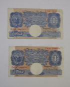 Two mauve Peppiatt emergency £1 notes , circulated, prefix Z12D Z67D
