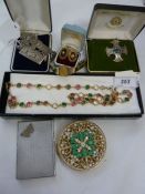 Silver and Caithness glass curved crossed pendant, silver ingots and chains and other costume