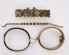 Foreign silver Mexican bracelet, a silver bangle scroll engraved, a silver-coloured and black enamel