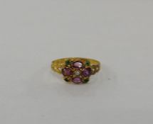 Victorian 15ct gold, tourmaline, pearl and emerald-coloured stone ring set four oval pink stones,