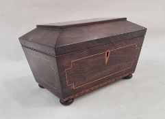 19th century inlaid sarcophagus-shaped caddy/workbox, the panelled top with line inlay, the body