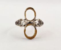 9ct white gold ring having two large oval stones missing and white stones to the shoulders