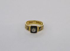 Early Victorian gold, diamond and black enamel memorial ring with inscription (worn to reverse), set