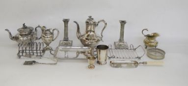 Quantity of silver-plated items to include a coffee/chocolate pot with engraved decoration, a teapot