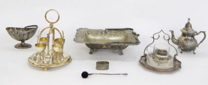 Plated boiled egg breakfast set, a handled sweetmeat/fruit dish, a teapot, a sugar bowl, a butter