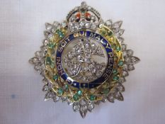 Gold, diamond, emerald and enamel sweetheart regimental brooch with monogram to centre, blue