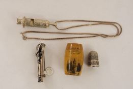 Silver whistle pendant with bark-finish on silver herringbone chain, 23.6g total, a silver posy