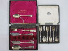 Set of six silver rattail coffee spoons, London 1903, cased and miscellaneous silver butter