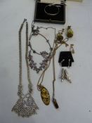 Silver christening bangle, beaded necklaces and costume jewellery