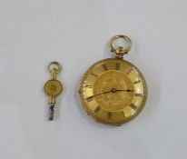 Lady's 18K gold open-faced fob watch, having engraved and engine-turned gold-coloured dial, Roman