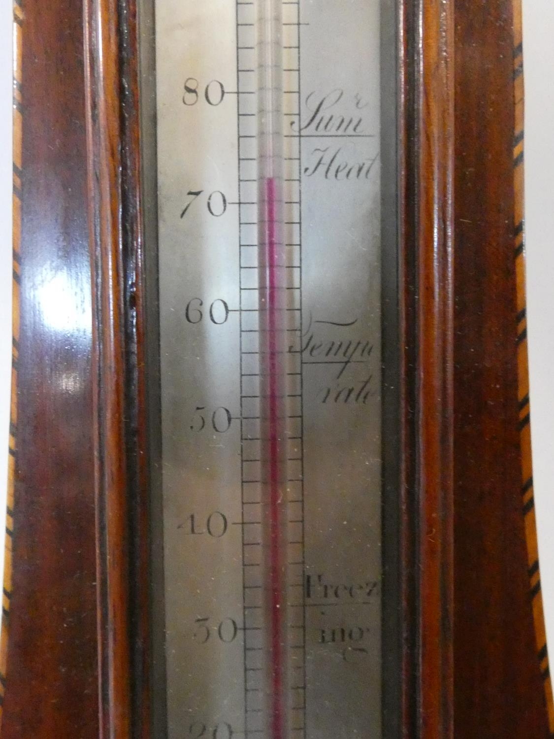 A George III mahogany banjo barometer inlaid with satinwood and olivewood oval shells and - Image 5 of 12