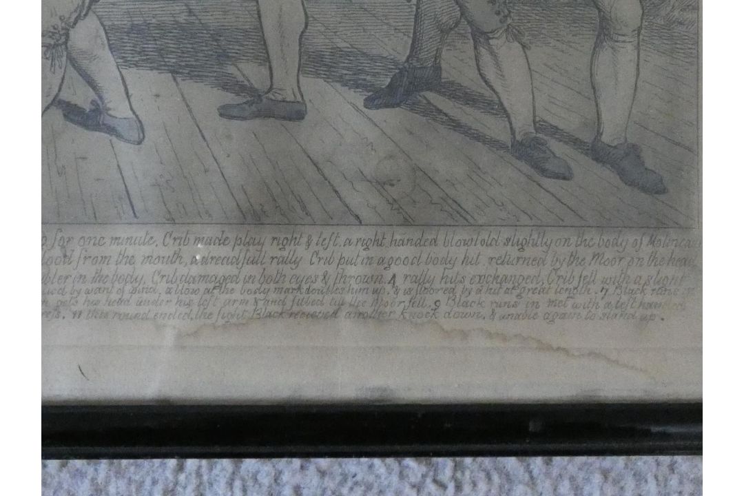 A framed and glazed antique etching of Tom Molineaux vs Tom Cribb along with a ink drawing on - Image 8 of 10