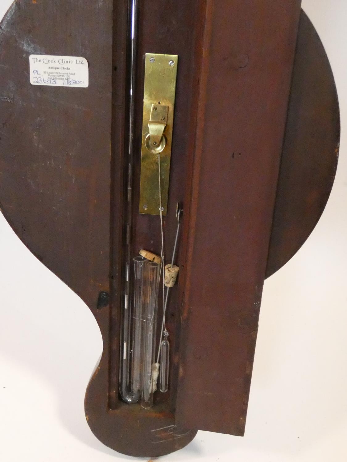 A George III mahogany banjo barometer inlaid with satinwood and olivewood oval shells and - Image 11 of 12