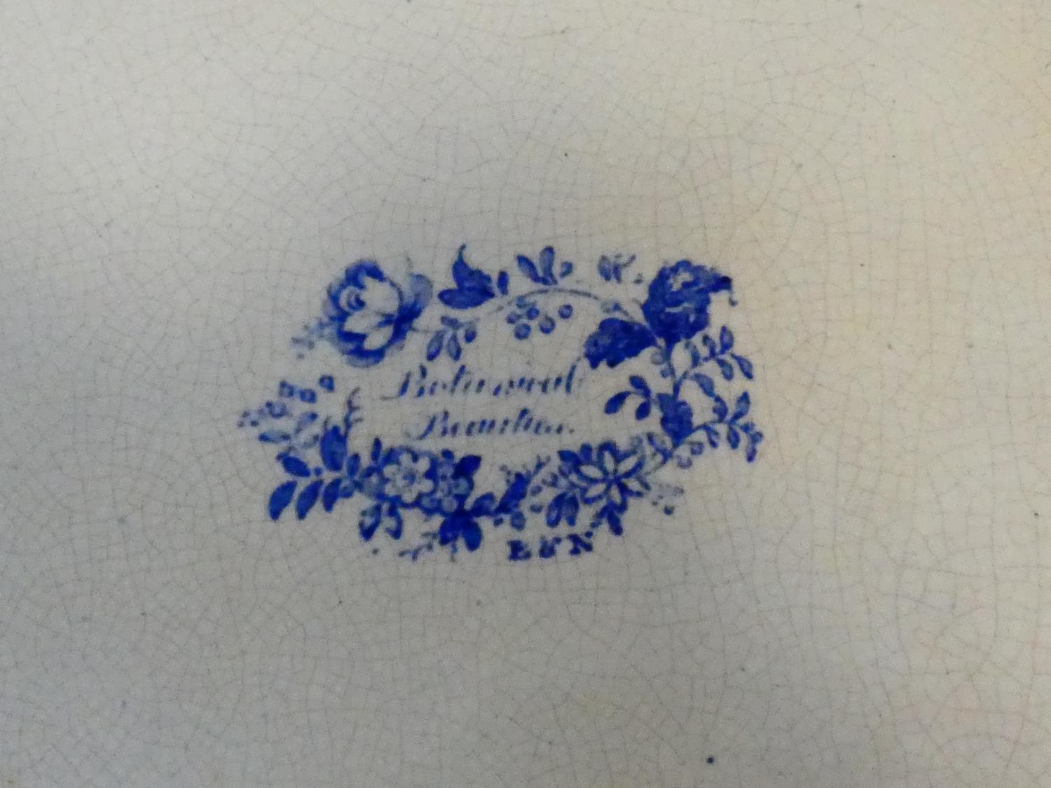 An antique ceramic blue and white transferware design meat platter with 'Botanical Beauties' - Image 6 of 10
