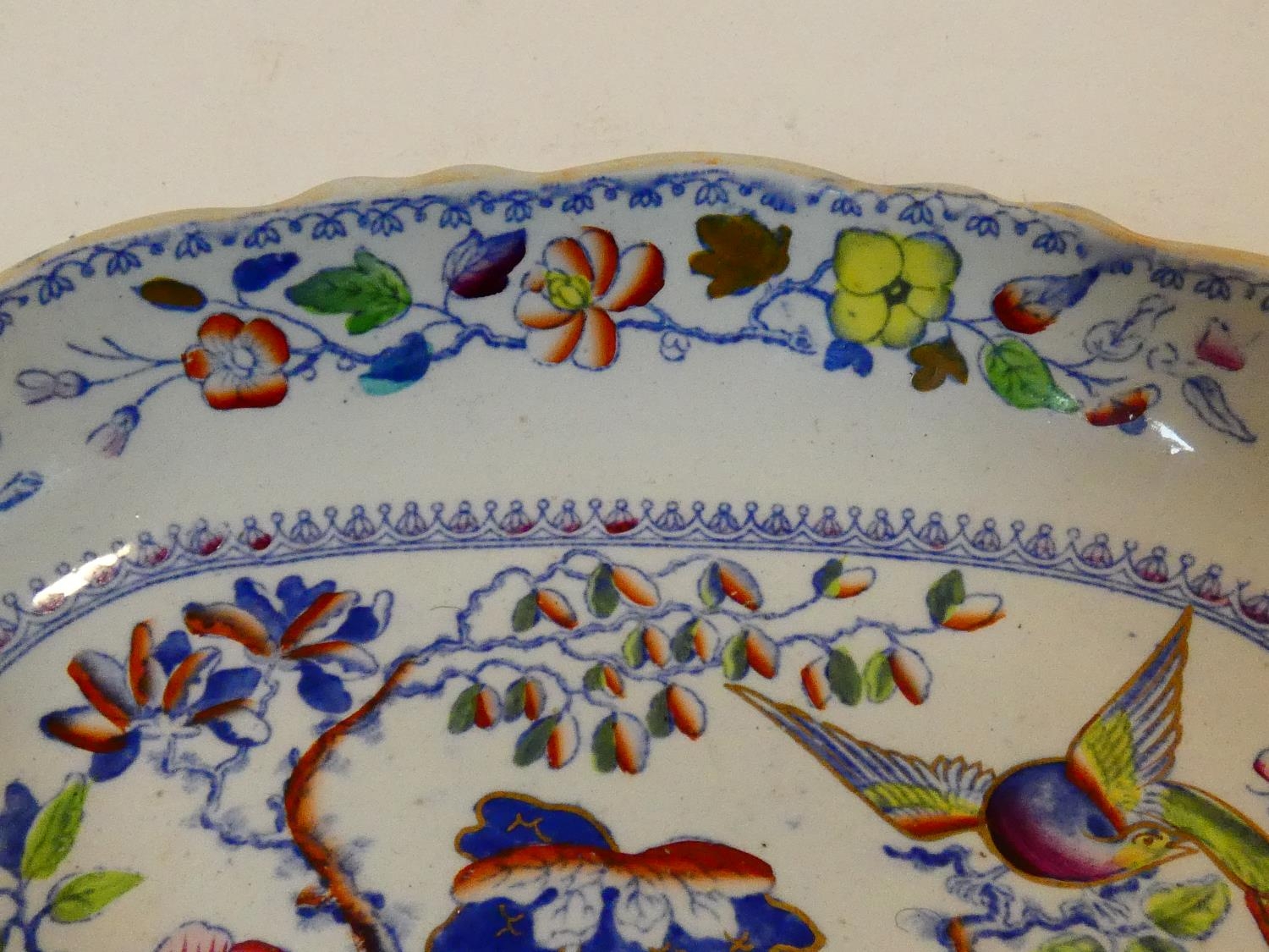 An antique ceramic blue and white transferware design meat platter with 'Botanical Beauties' - Image 9 of 10