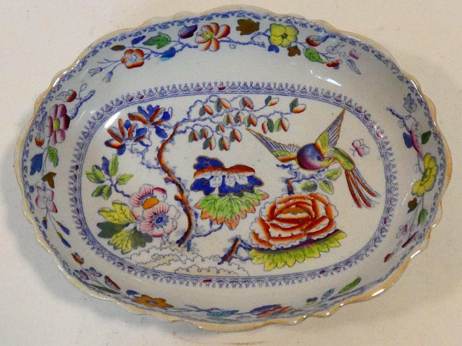 An antique ceramic blue and white transferware design meat platter with 'Botanical Beauties' - Image 7 of 10