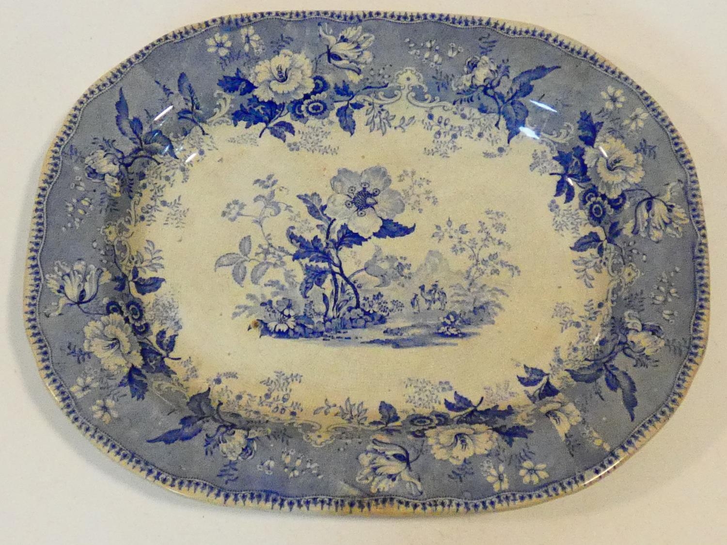 An antique ceramic blue and white transferware design meat platter with 'Botanical Beauties' - Image 2 of 10