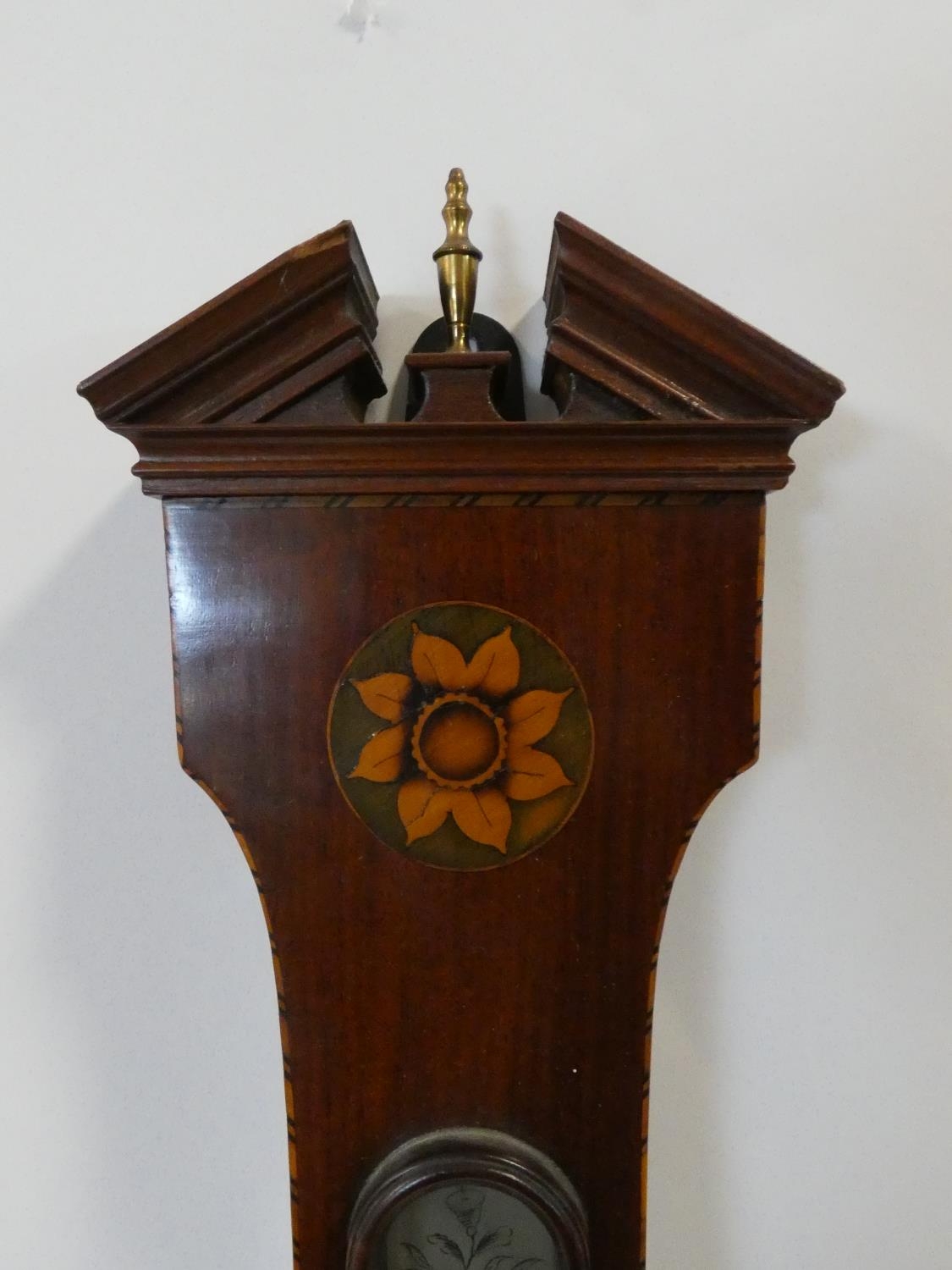 A George III mahogany banjo barometer inlaid with satinwood and olivewood oval shells and - Image 6 of 12
