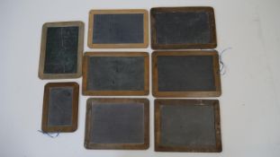 A collection of eight vintage wooden framed chalkboards, some slate. H.28 W.20cm (Largest)