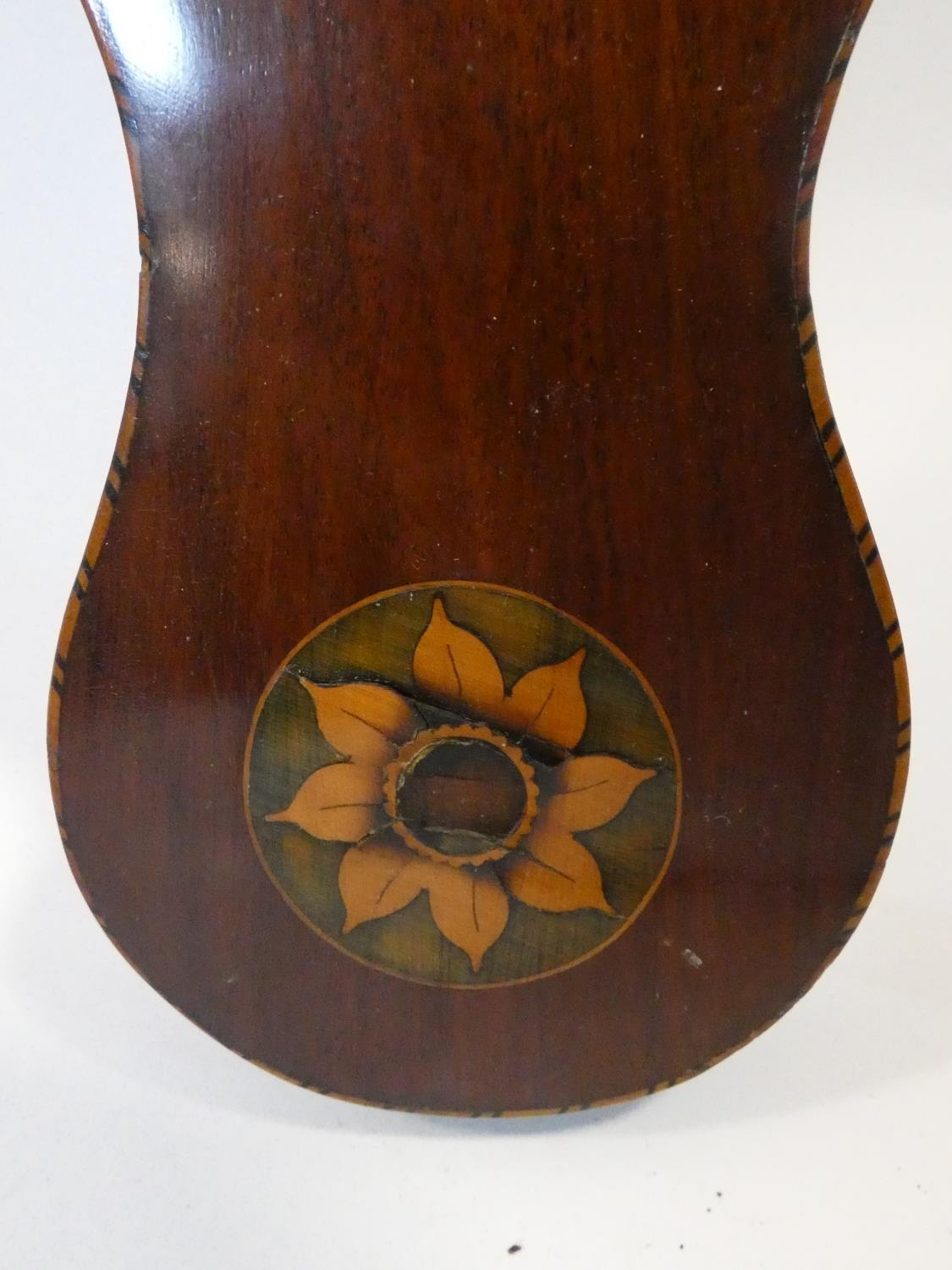 A George III mahogany banjo barometer inlaid with satinwood and olivewood oval shells and - Image 7 of 12