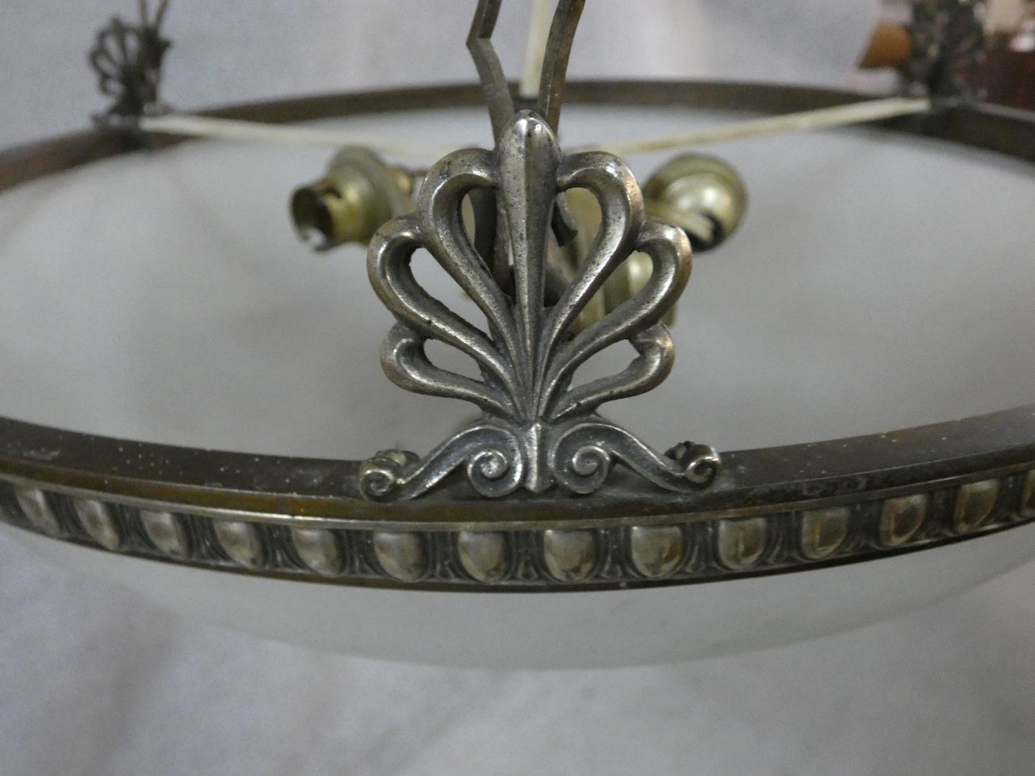 A vintage bronze ceiling pendant with frosted domed glass shade with central pineapple finial. D. - Image 5 of 6
