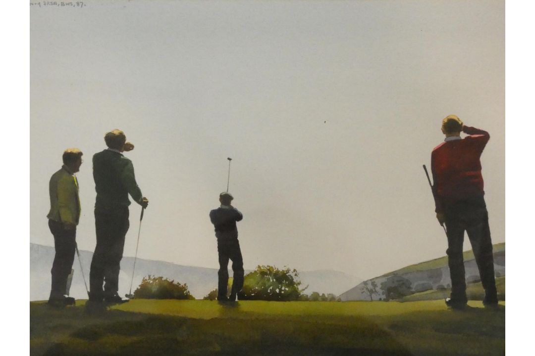 Robert Littleford (B.1945), a framed and glazed waterolour, four golfers on the tee, signed. H.54 - Image 1 of 3