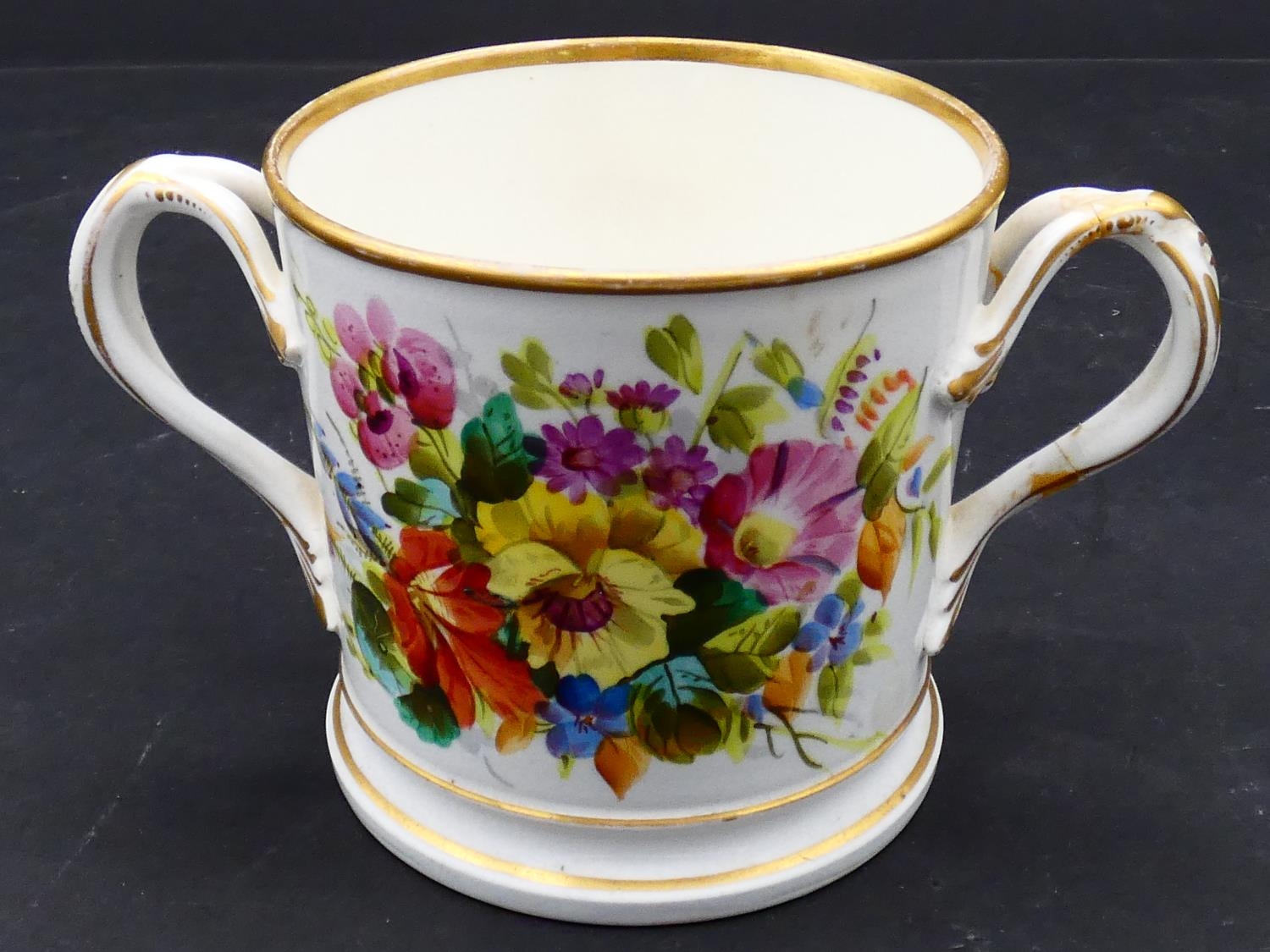 Four Victorian hand painted and gilded floral design christening mugs, some with gilded - Image 12 of 13