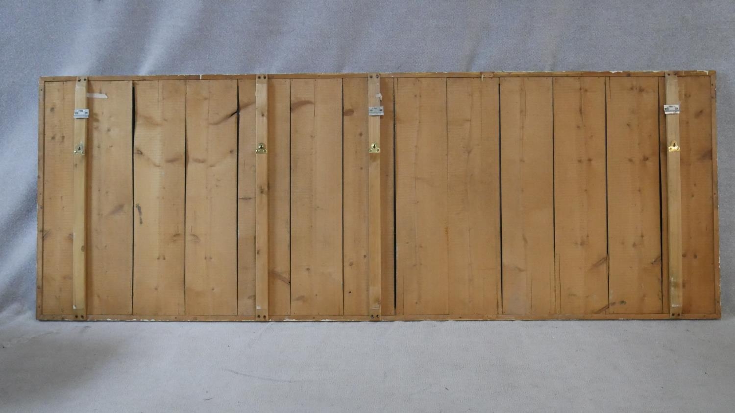 A very large vintage studio mirror in distressed painted metal frame. H.109 W.299cm - Image 3 of 5