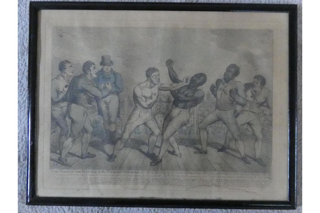 A framed and glazed antique etching of Tom Molineaux vs Tom Cribb along with a ink drawing on - Image 5 of 10