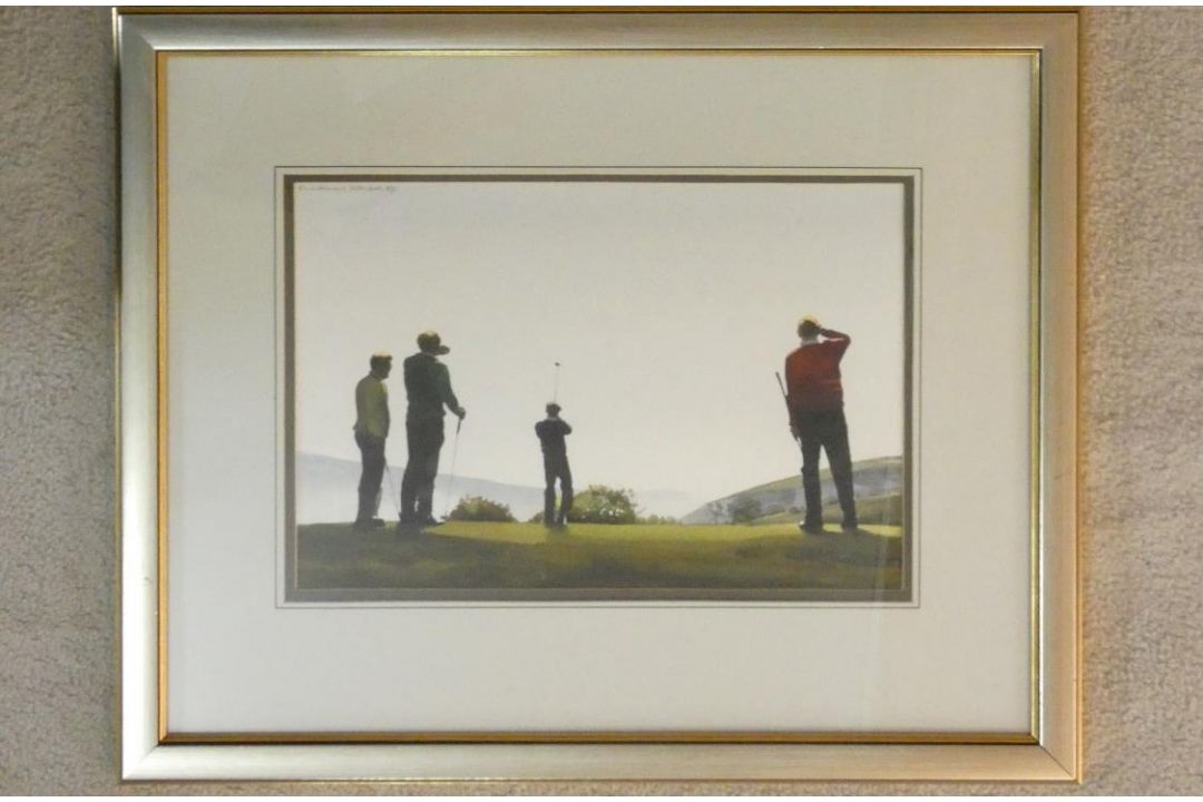 Robert Littleford (B.1945), a framed and glazed waterolour, four golfers on the tee, signed. H.54 - Image 2 of 3