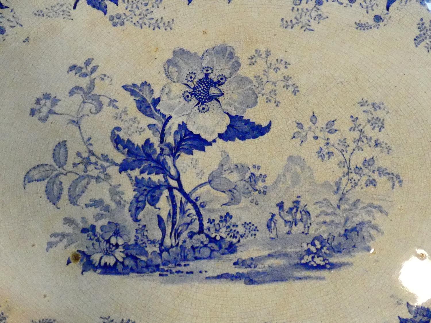 An antique ceramic blue and white transferware design meat platter with 'Botanical Beauties' - Image 3 of 10