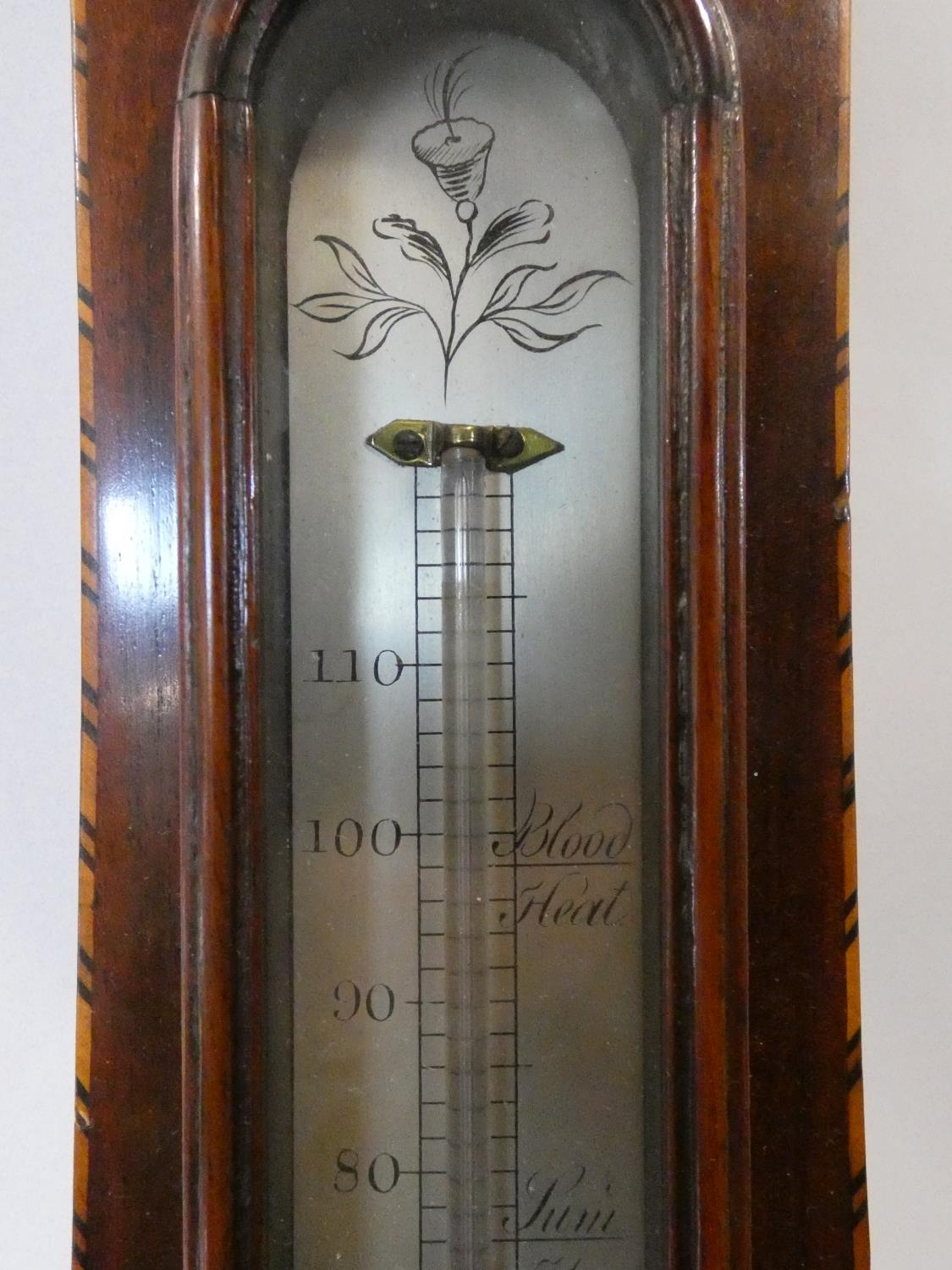A George III mahogany banjo barometer inlaid with satinwood and olivewood oval shells and - Image 4 of 12