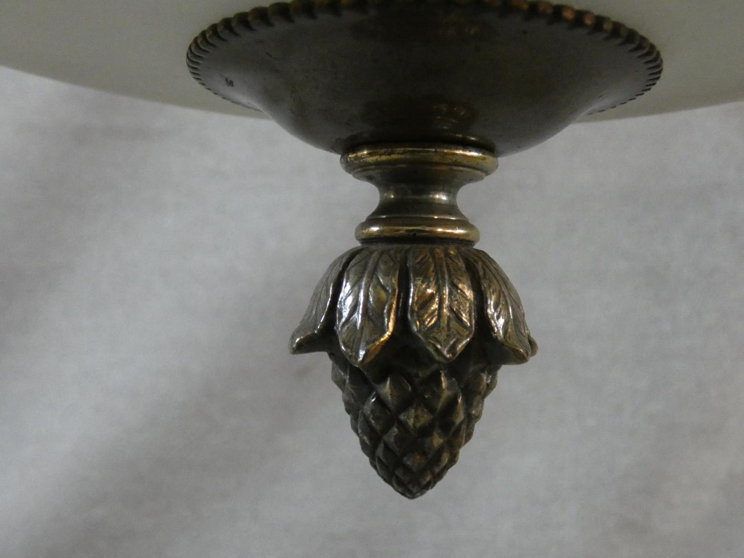 A vintage bronze ceiling pendant with frosted domed glass shade with central pineapple finial. D. - Image 2 of 6