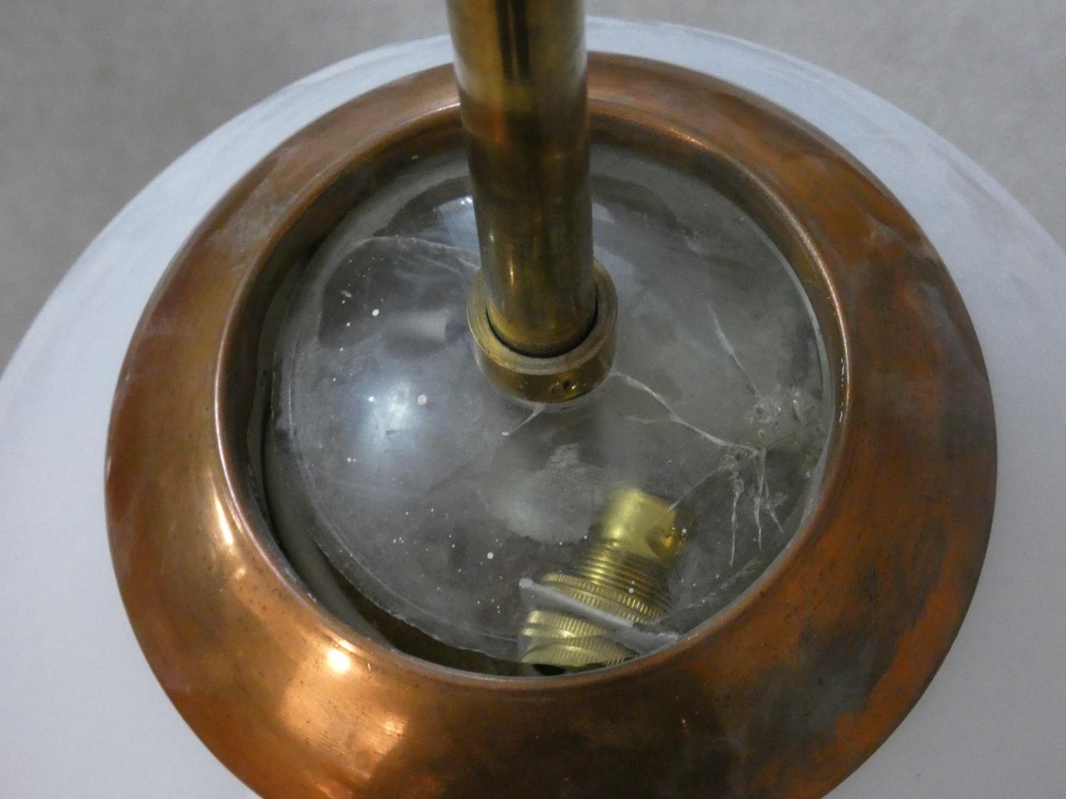 A mid century vintage copper ceiling pendant lamp with globular milk glass shade. H.83cm - Image 2 of 3