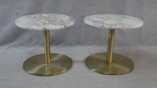 A pair of Pedrali marble topped pedestal occasional tables. H.42 D.50cm (one top is detached and