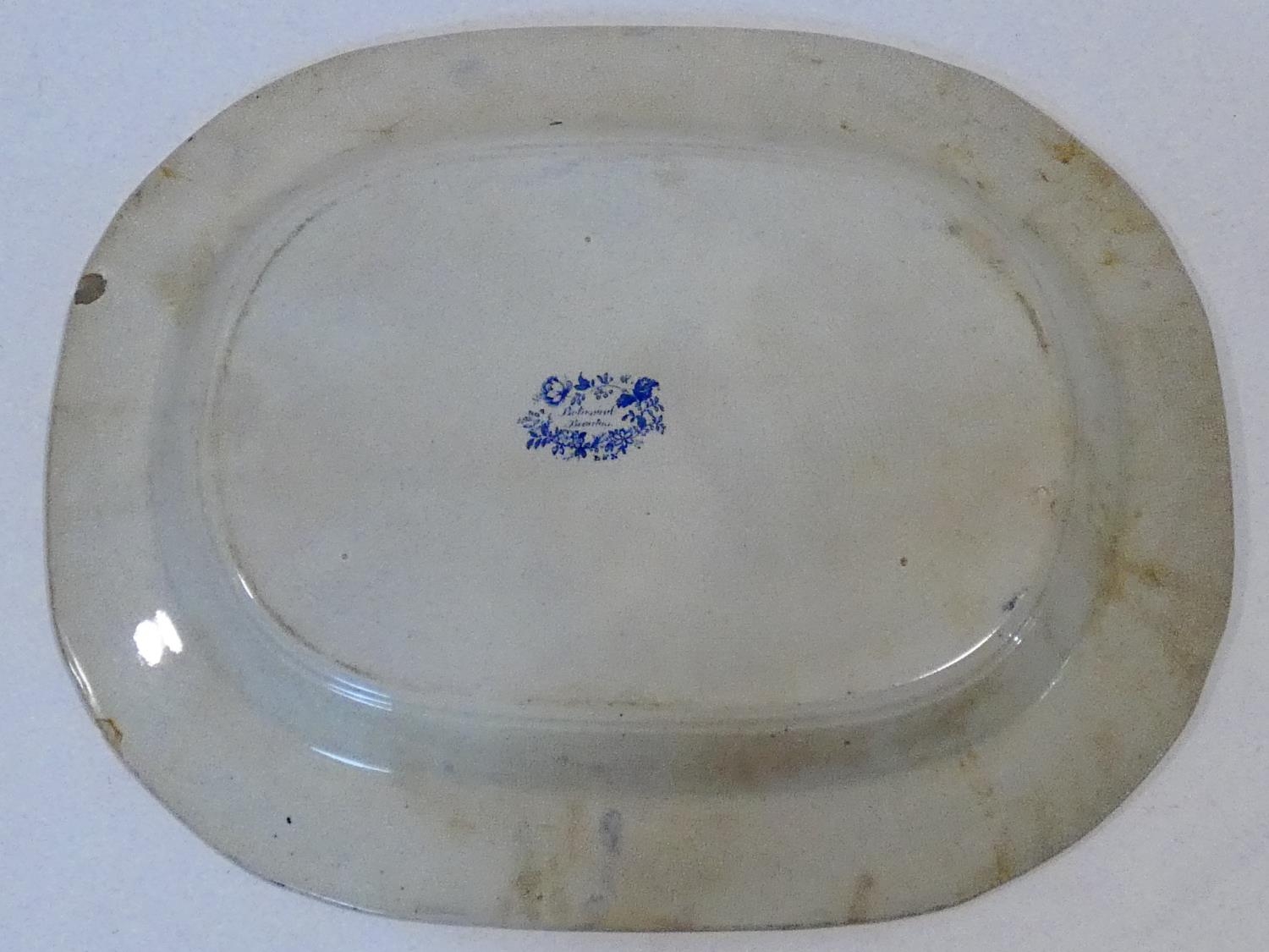 An antique ceramic blue and white transferware design meat platter with 'Botanical Beauties' - Image 5 of 10