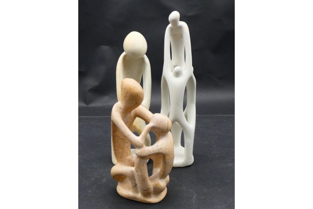 A collection of three carved and pierced soapstone figure groups. H.29cm - Image 1 of 9