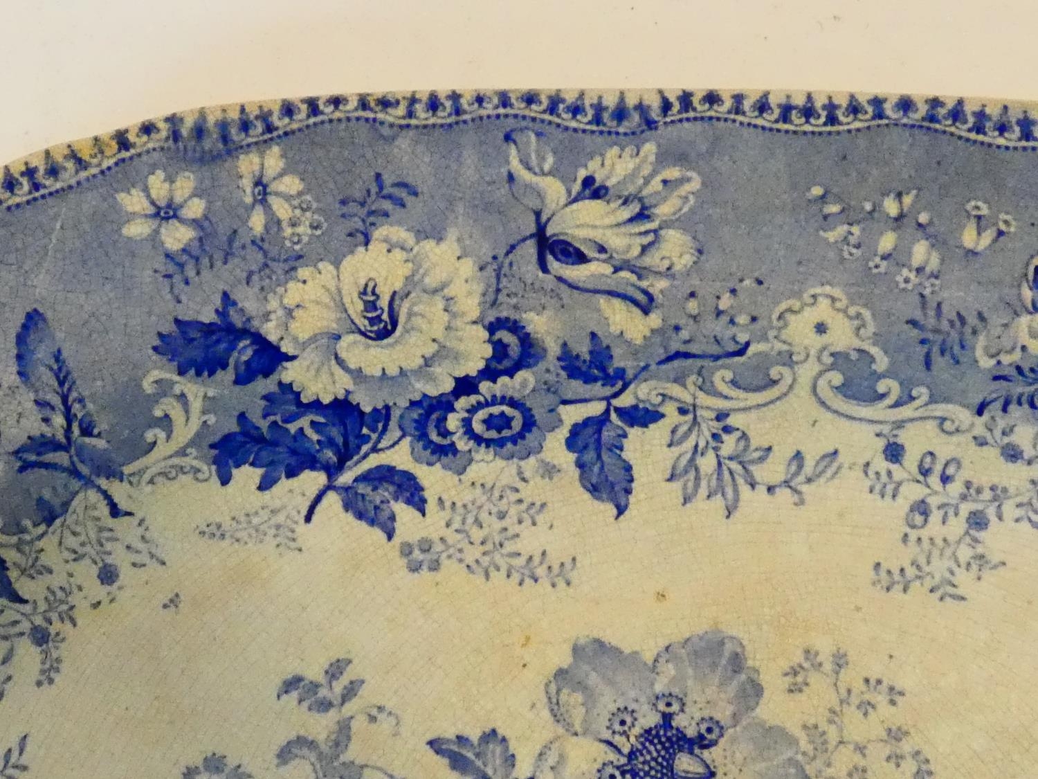 An antique ceramic blue and white transferware design meat platter with 'Botanical Beauties' - Image 4 of 10