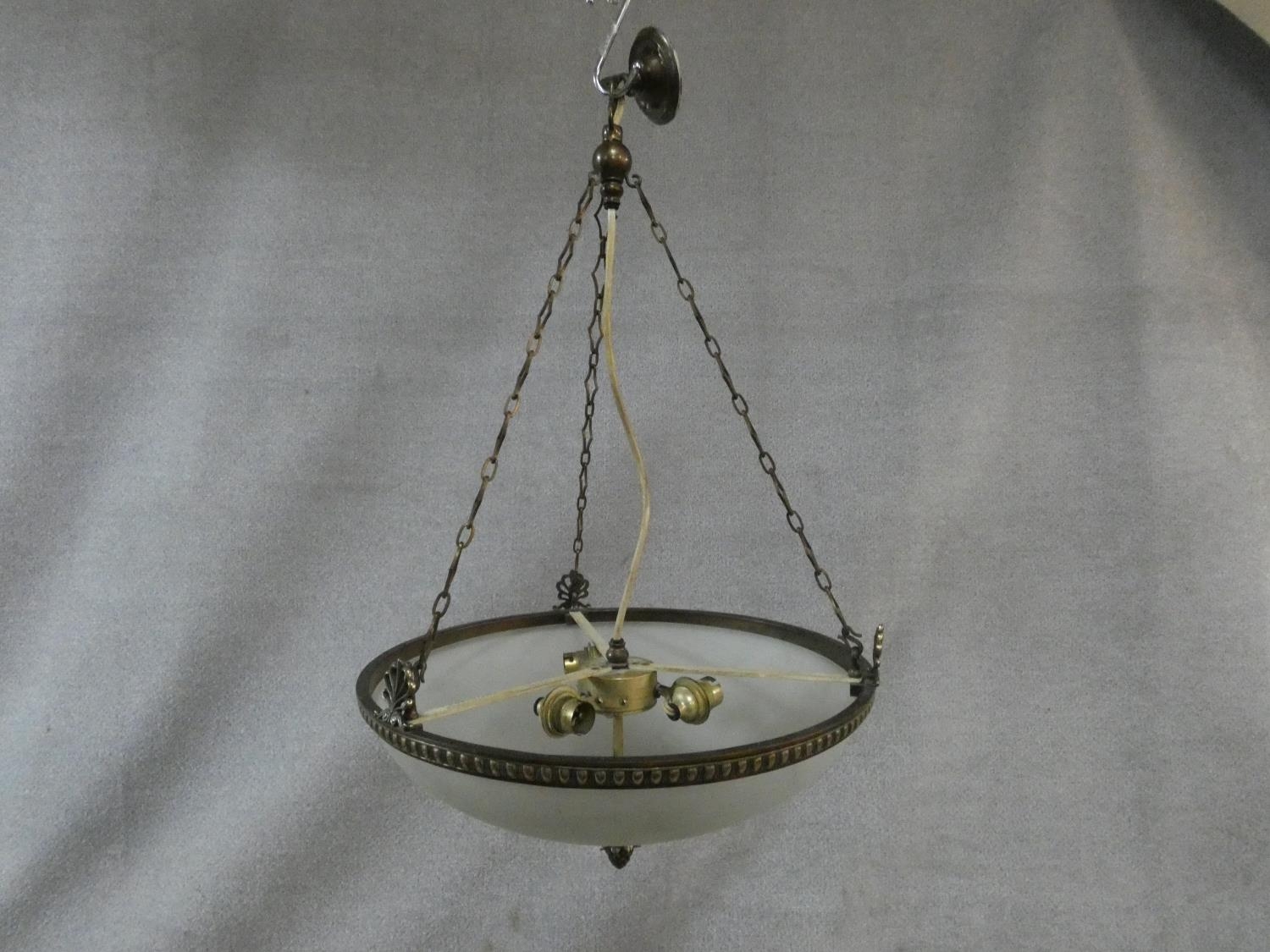 A vintage bronze ceiling pendant with frosted domed glass shade with central pineapple finial. D. - Image 6 of 6