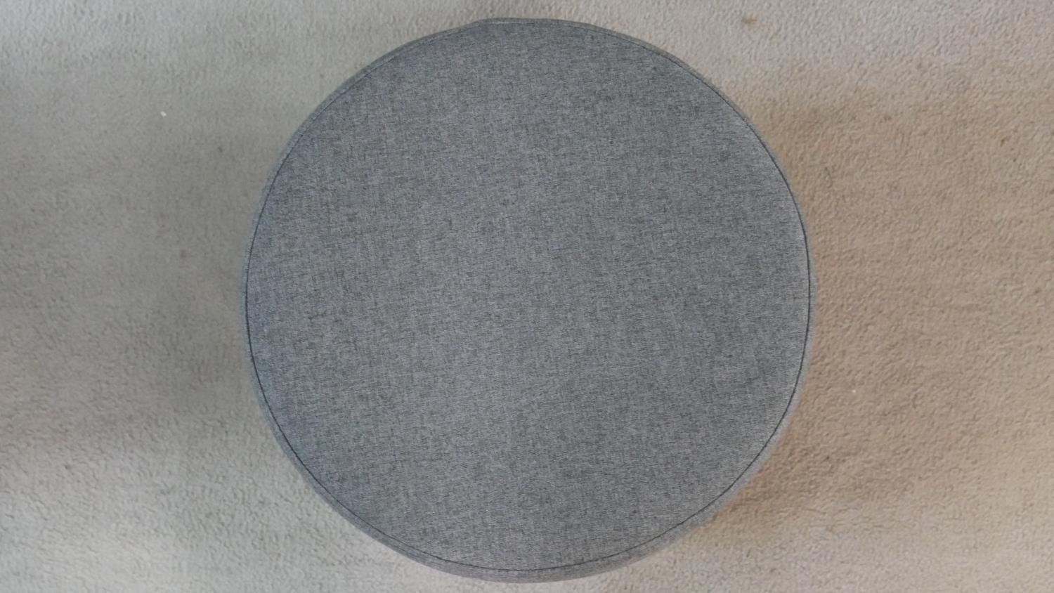 A pair of cylindrical stools upholstered in grey calico on cherrywood plinth bases. H.39cm - Image 3 of 3