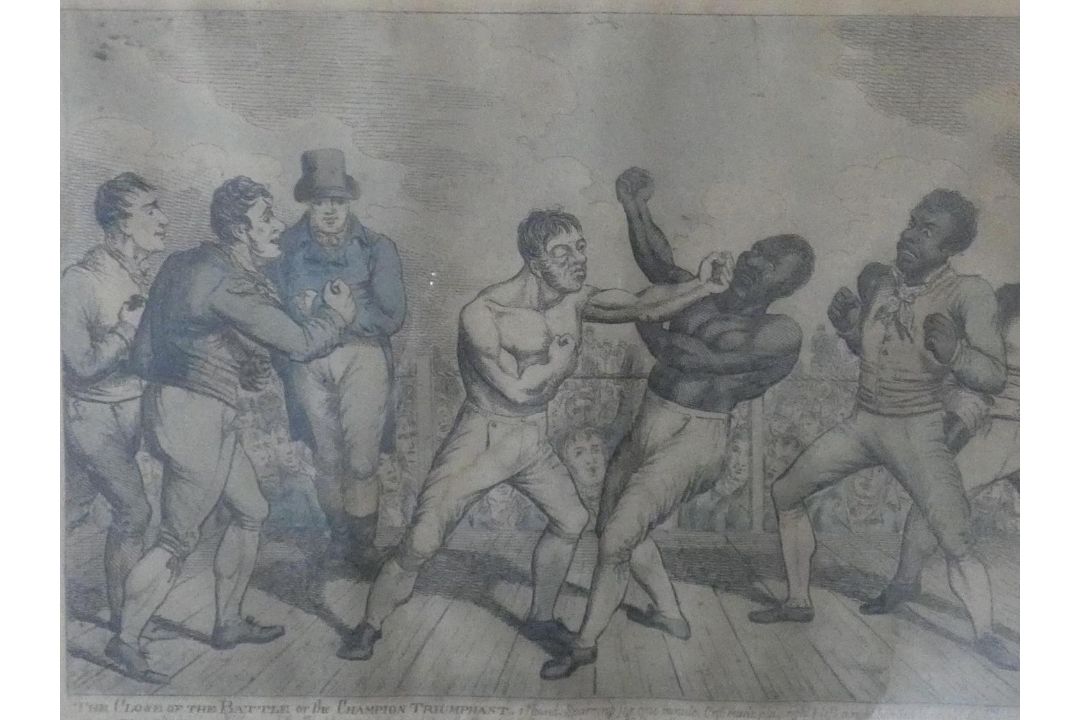 A framed and glazed antique etching of Tom Molineaux vs Tom Cribb along with a ink drawing on - Image 6 of 10