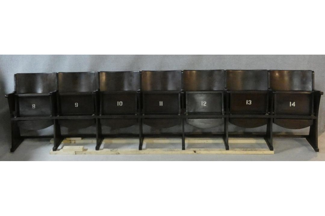 A row of seven vintage theatre seats with laminated plywood backs and seats and painted seat - Image 1 of 5
