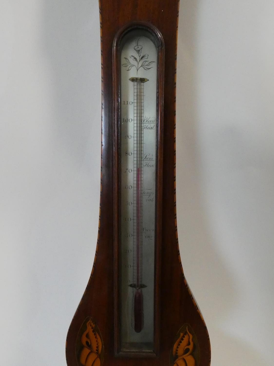 A George III mahogany banjo barometer inlaid with satinwood and olivewood oval shells and - Image 3 of 12
