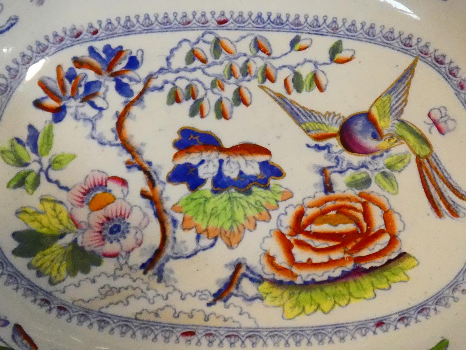 An antique ceramic blue and white transferware design meat platter with 'Botanical Beauties' - Image 8 of 10