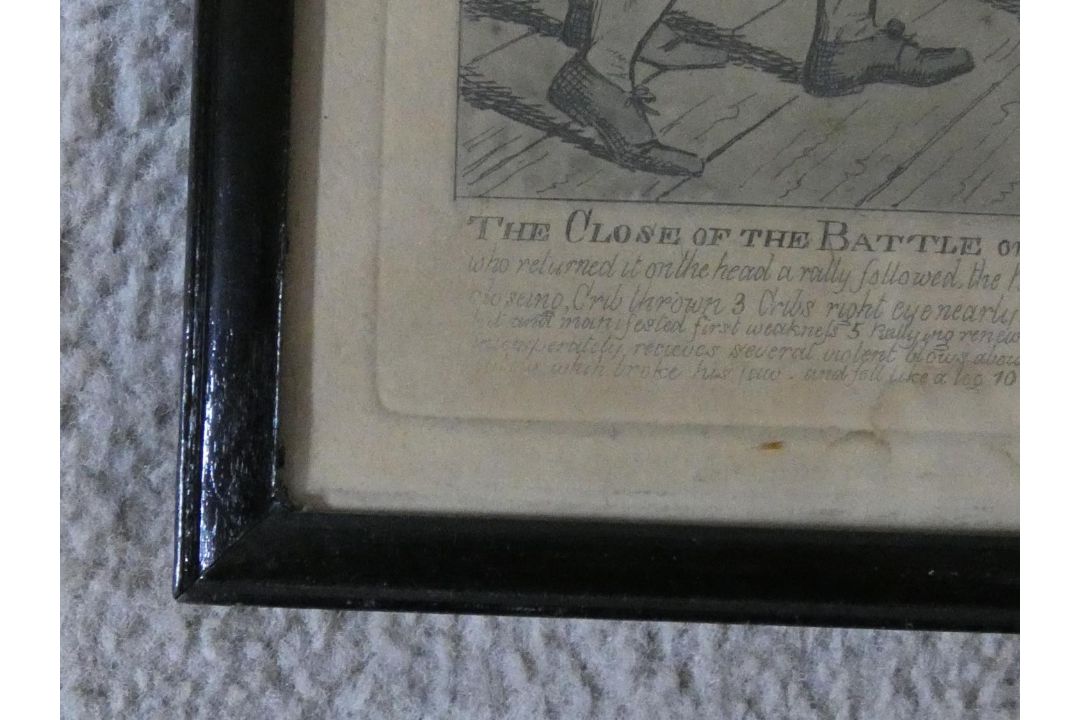 A framed and glazed antique etching of Tom Molineaux vs Tom Cribb along with a ink drawing on - Image 9 of 10