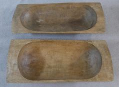 Two antique sycamore bread proving troughs. H.19 L.99 W.42cm (Largest)