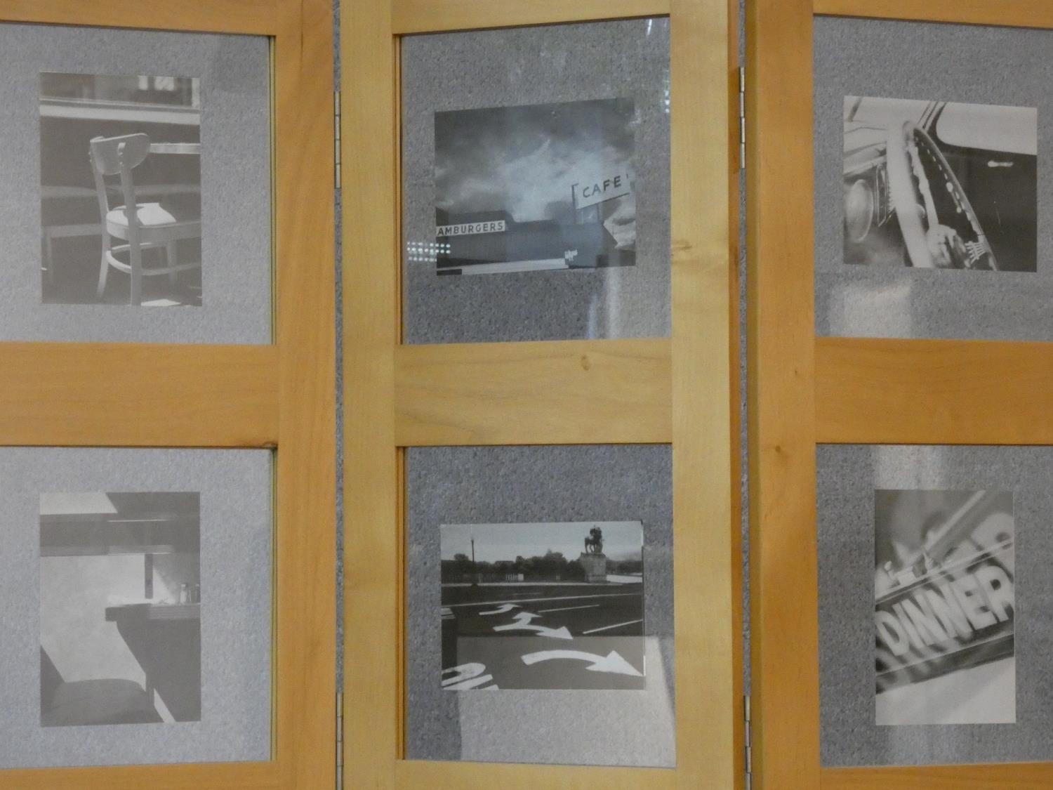 A floor standing two fold three panel screen fitted with glazed photograph window panes. H.177 L. - Image 2 of 6