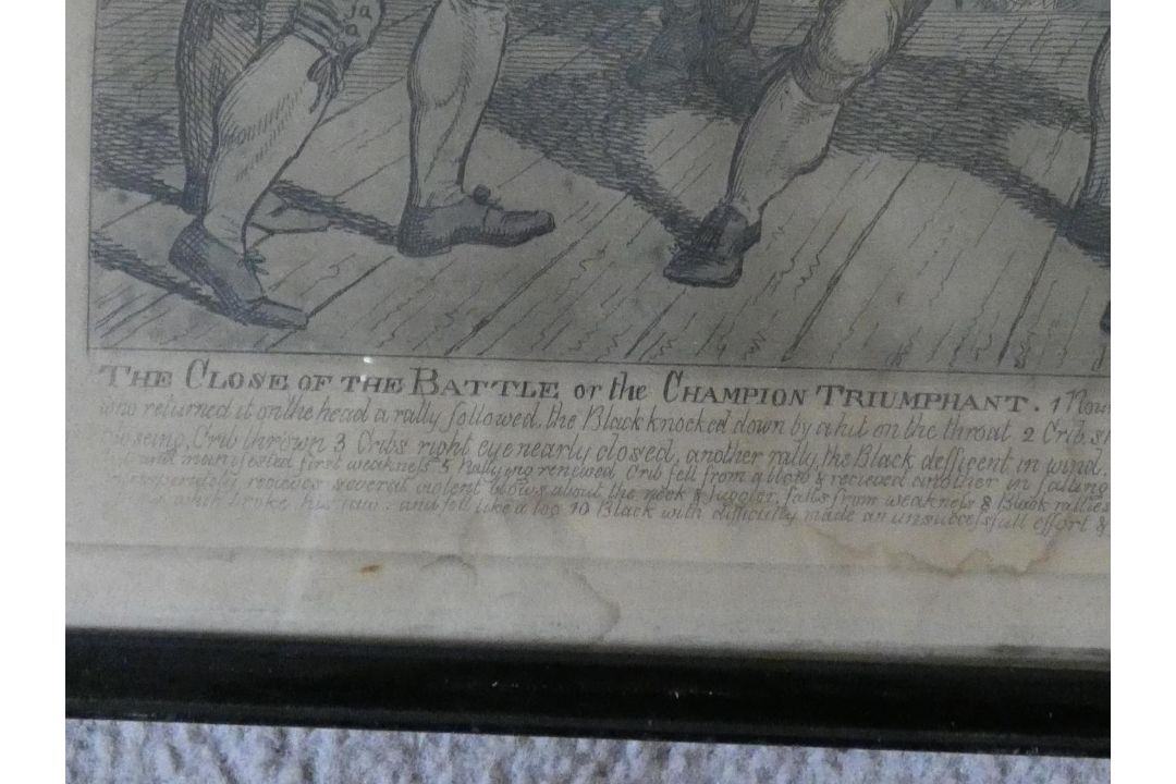 A framed and glazed antique etching of Tom Molineaux vs Tom Cribb along with a ink drawing on - Image 7 of 10